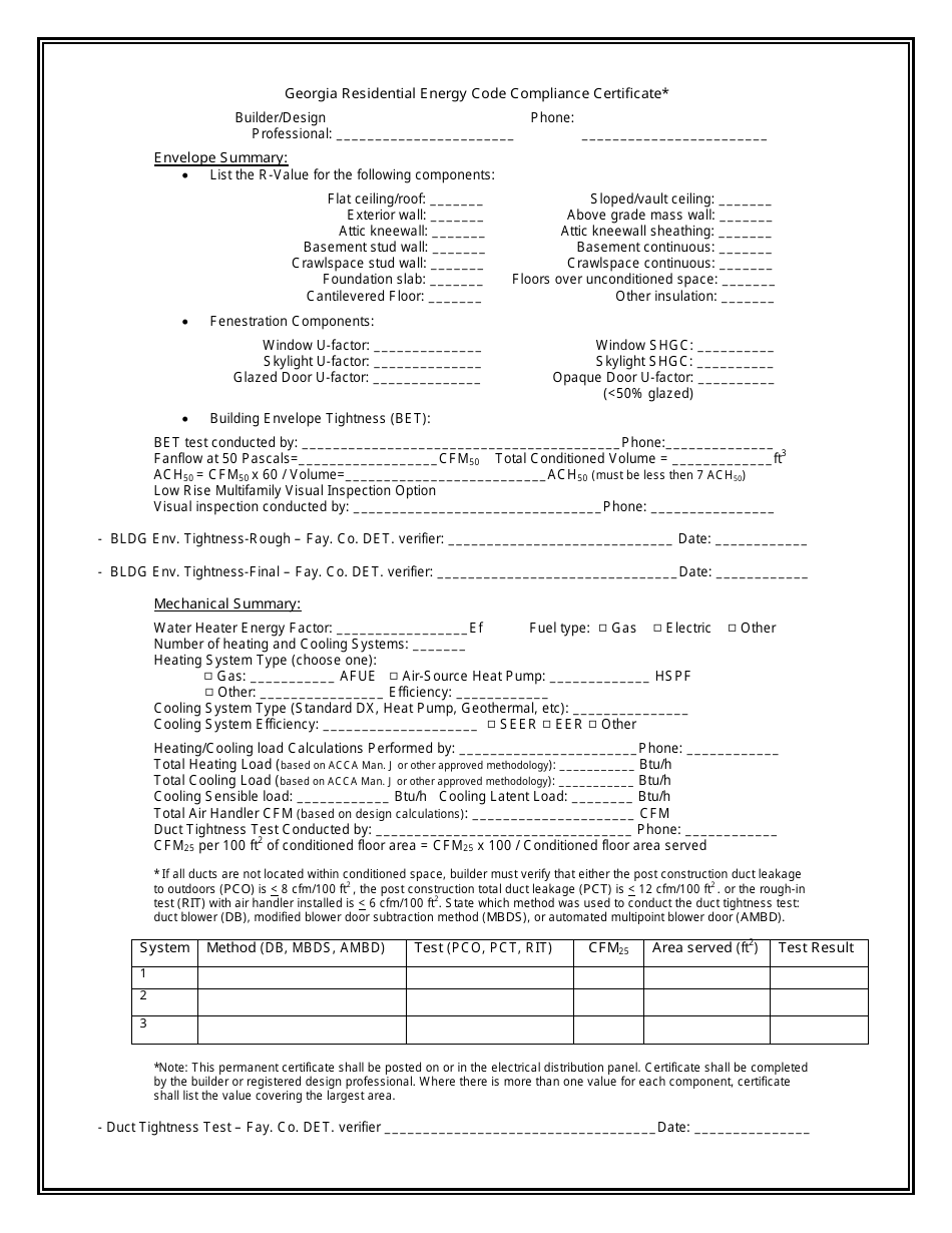 Residential Energy Code Compliance Certificate Form - Fayette County, Georgia (United States), Page 1