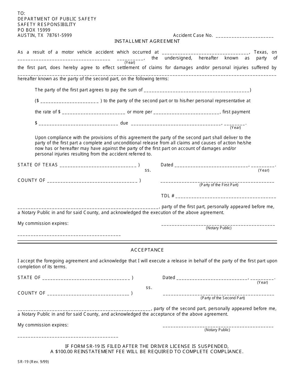 Form SR-19 Installment Agreement - Texas, Page 1