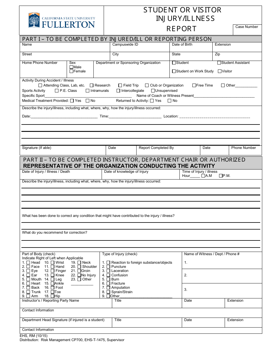 Student or Visitor Injury / Illness Report Template - California State University, Page 1