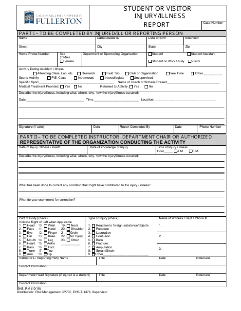 &quot;Student or Visitor Injury/Illness Report Template - California State University&quot; Download Pdf