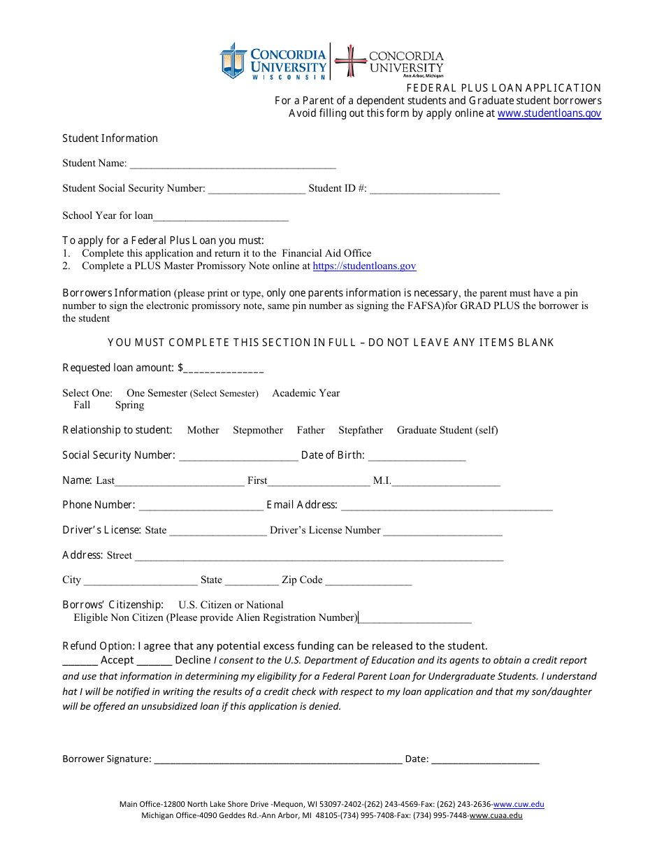 Federal Plus Loan Application Form for a Parent of a Dependent Students and Graduate Student Borrowers - Concordia University, Page 1