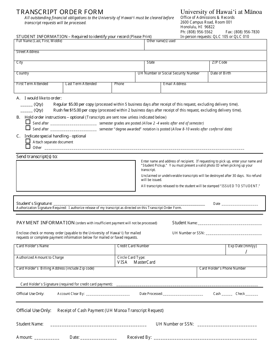 Transcript Order Form University of Hawaii at Manoa Fill Out, Sign