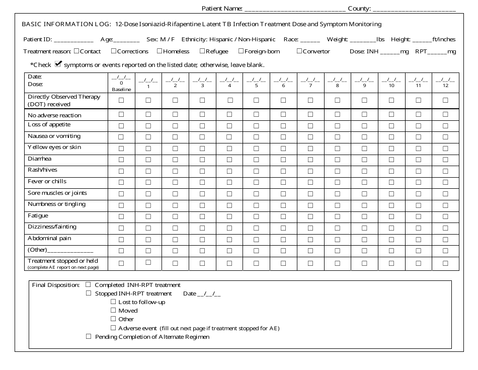 12-dose Isoniazid-Rifapentine Latent Tb Infection Treatment Dose and Symptom Monitoring Log Preview