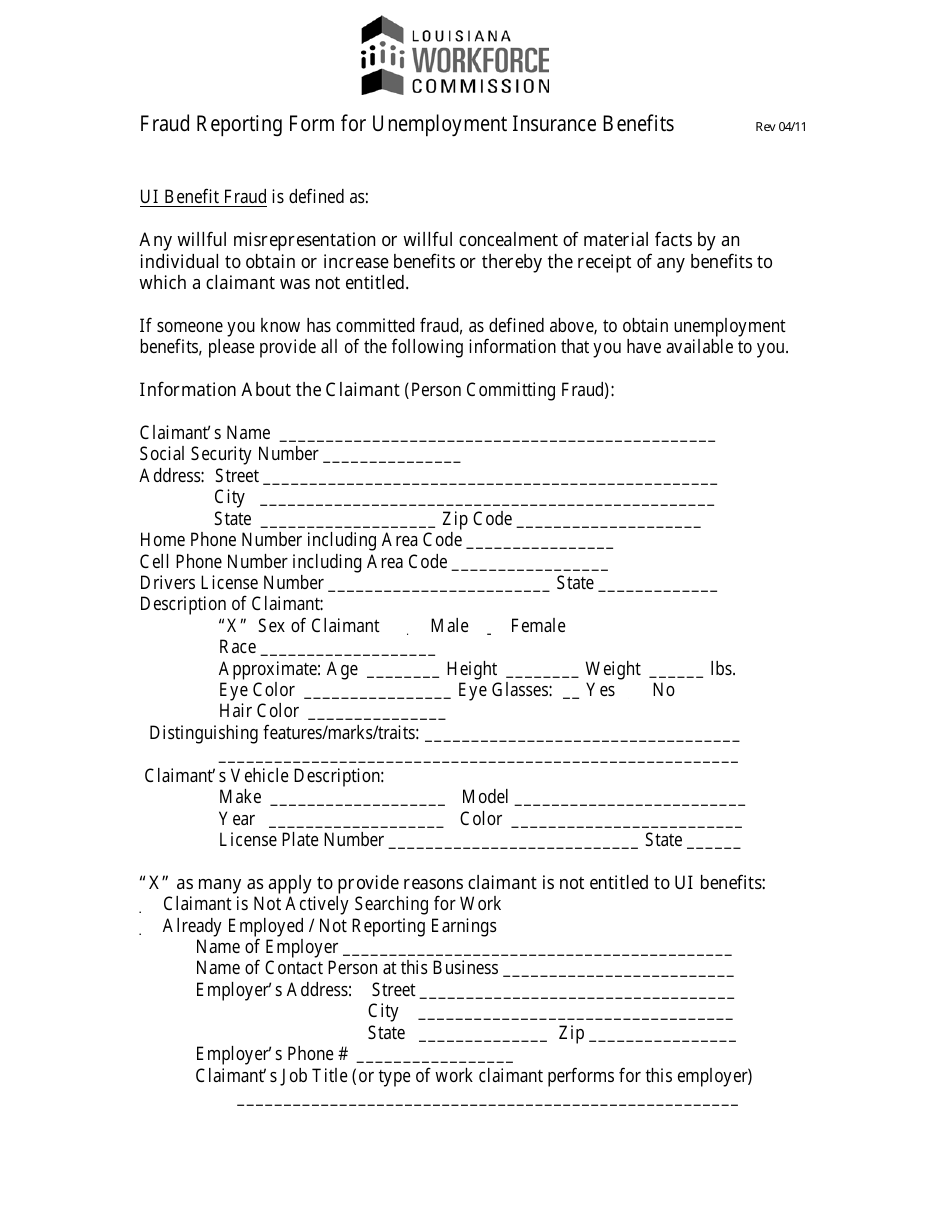 Fraud Reporting Form for Unemployment Insurance Benefits - Louisiana, Page 1