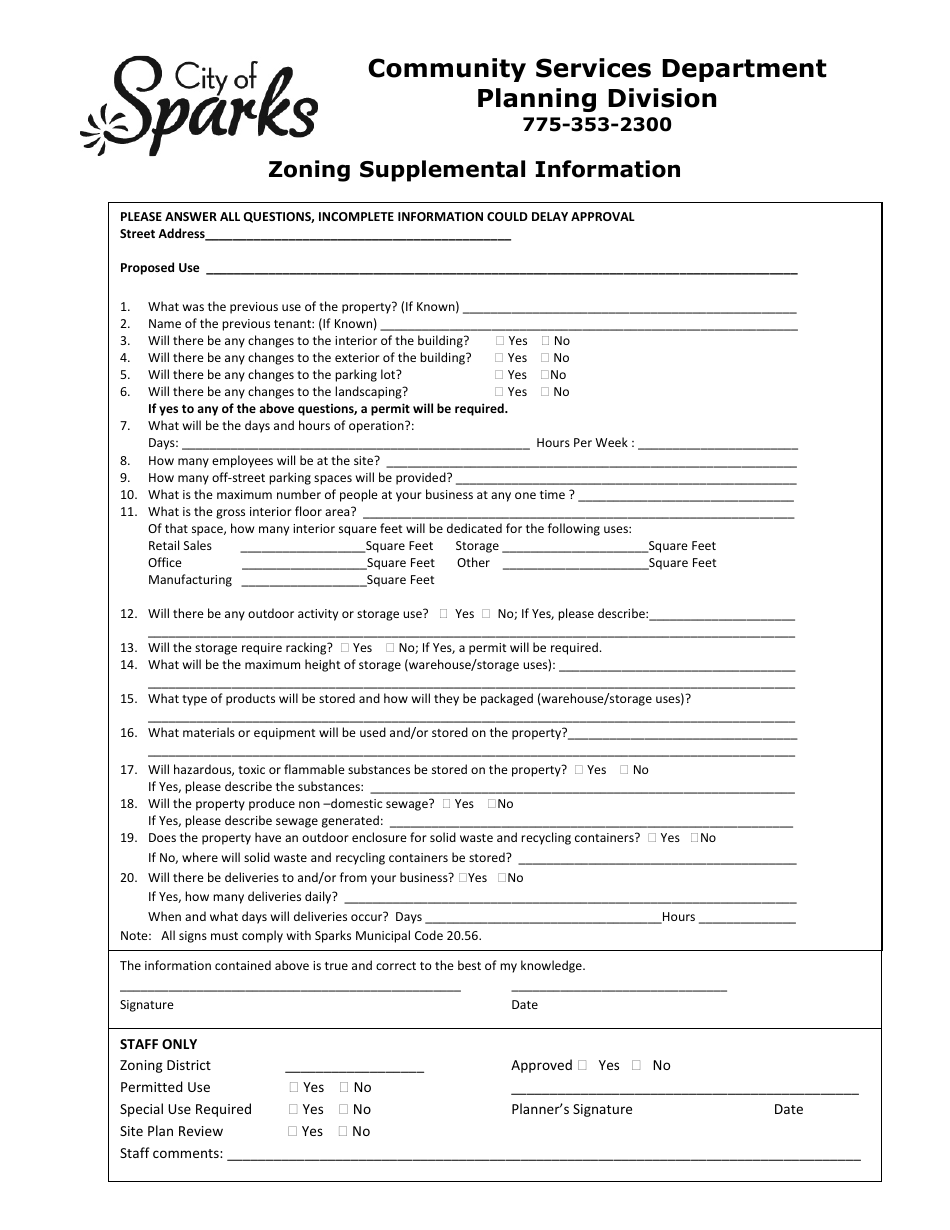 Zoning Supplemental Information Form - City of Sparks, Nevada, Page 1