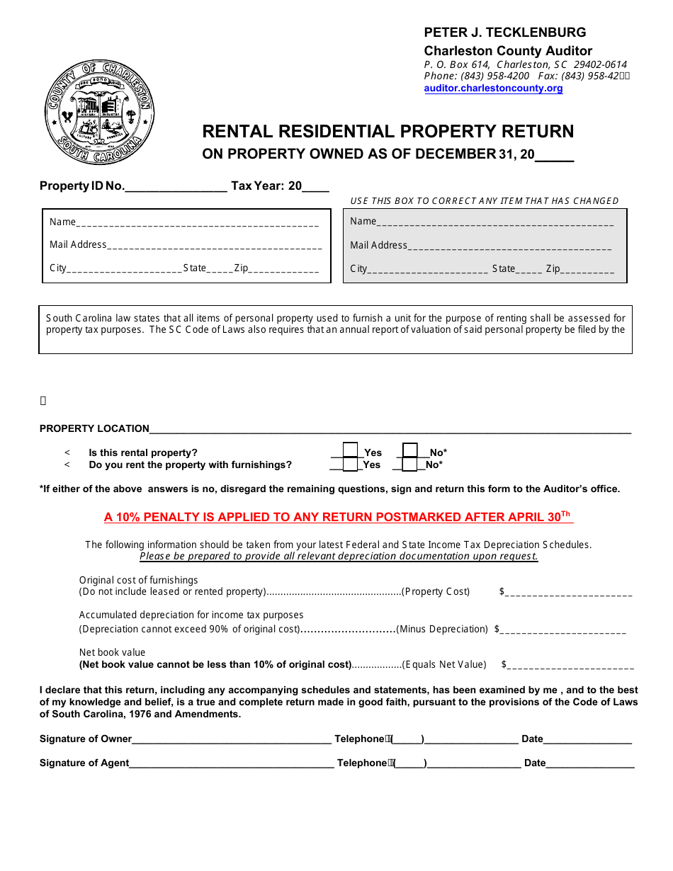 Rental Residential Property Return Form - County of Charleston, South Carolina, Page 1