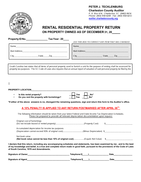 Rental Residential Property Return Form - County of Charleston, South Carolina Download Pdf
