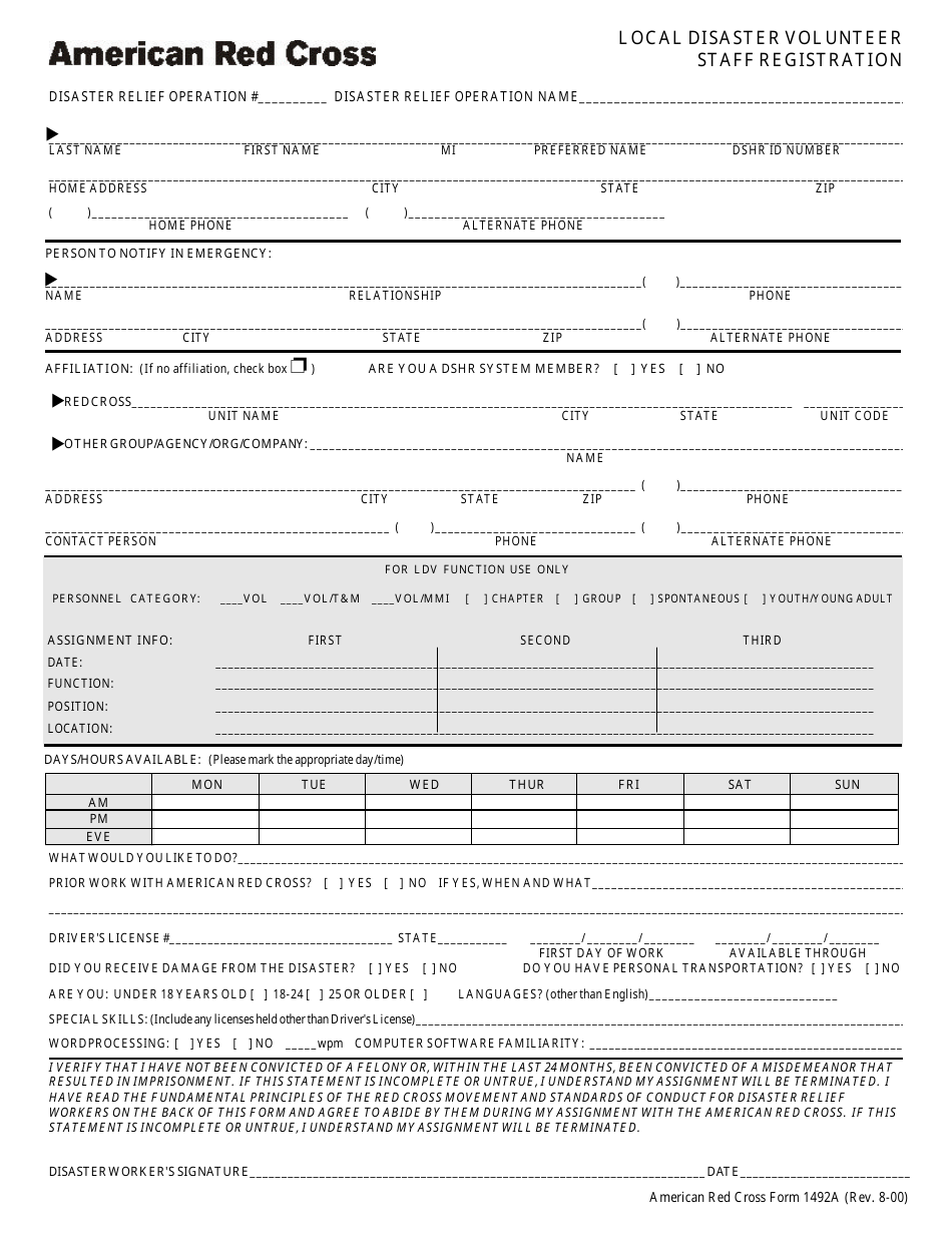 Local Disaster Volunteer Staff Registration Form - American Red Cross, Page 1