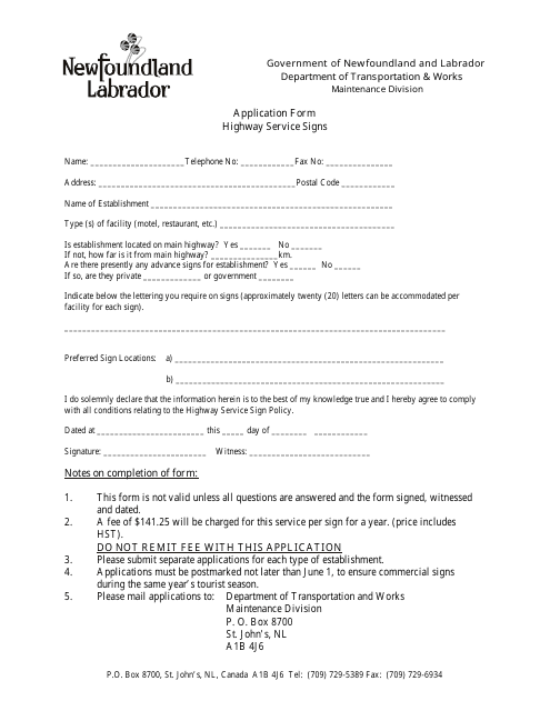 Application Form for Highway Service Signs - Newfoundland and Labrador, Newfoundland and Labrador, Canada