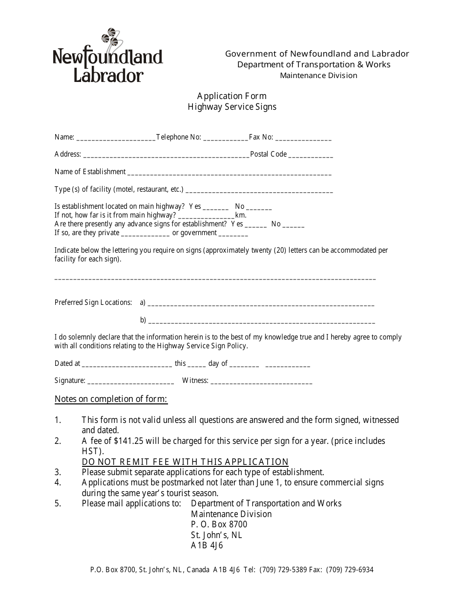 Application Form for Highway Service Signs - Newfoundland and Labrador, Newfoundland and Labrador, Canada, Page 1