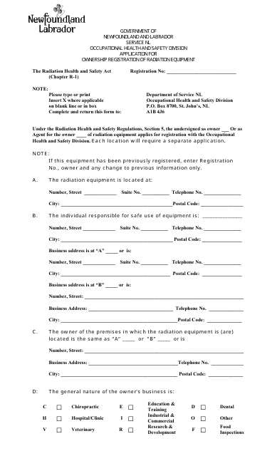 Application for Ownership Registration of Radiation Equipment - Newfoundland and Labrador, Canada