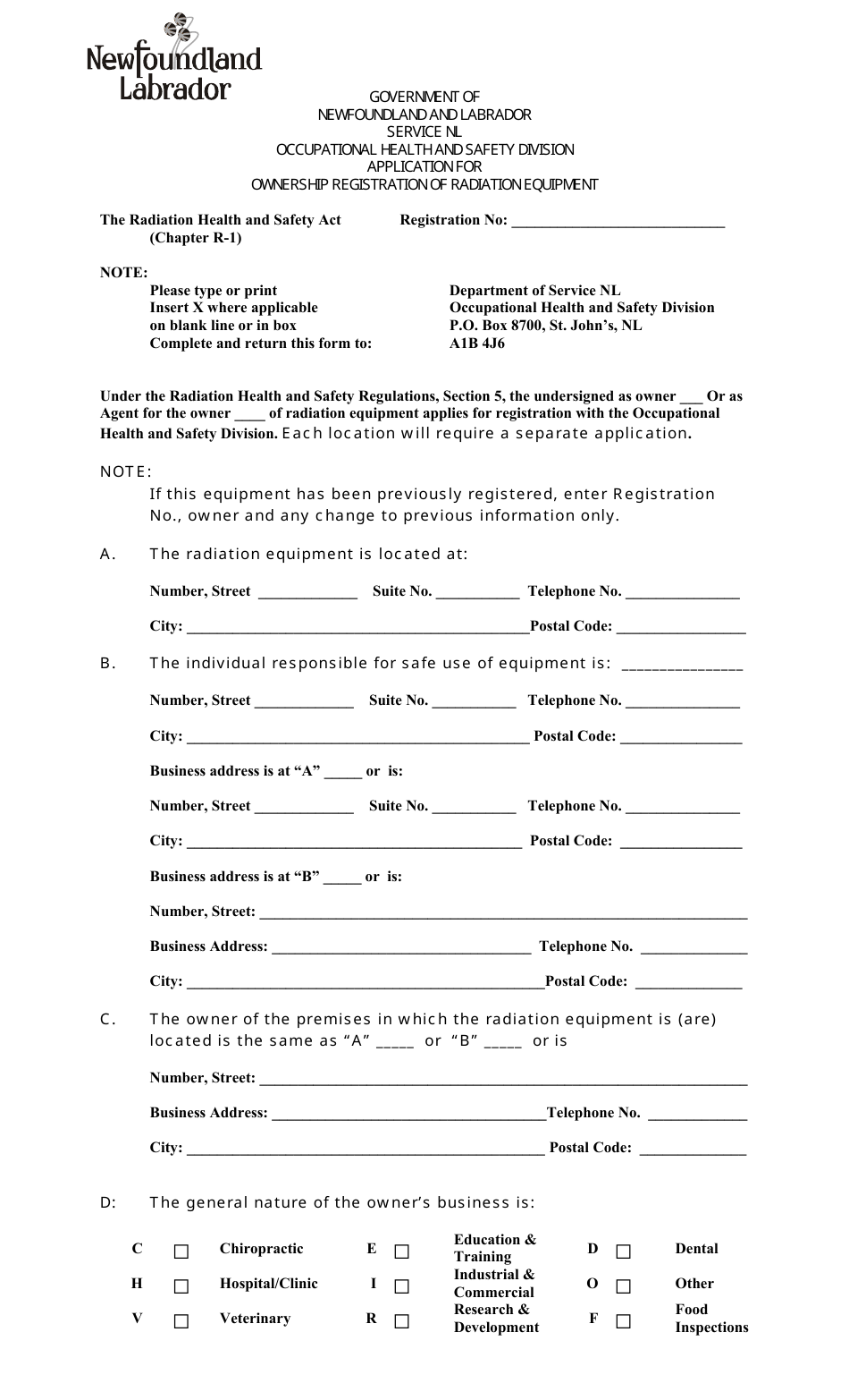 Application for Ownership Registration of Radiation Equipment - Newfoundland and Labrador, Canada, Page 1