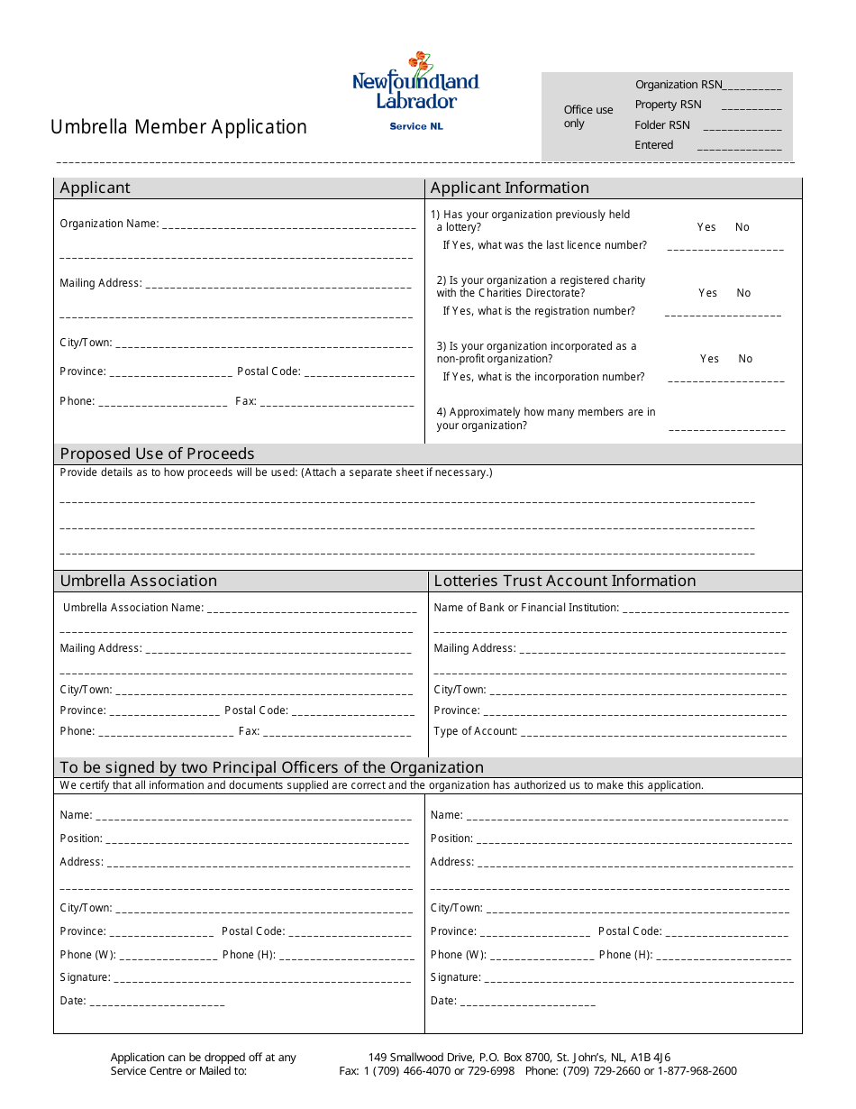 Newfoundland and Labrador Canada Umbrella Member Application Form Newfoundland and Labrador Canada Umbrella Member Application Form