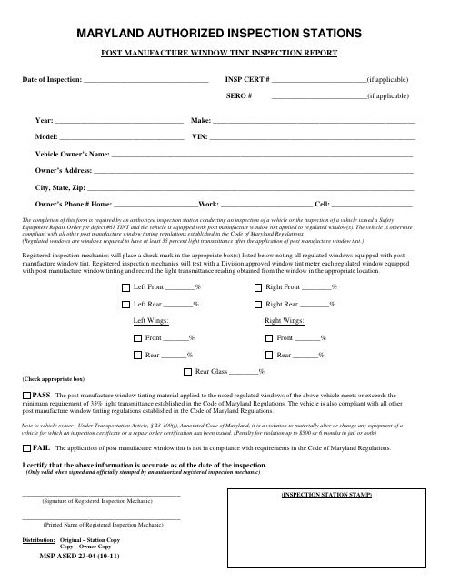 Form MSP ASED23-04 Post Manufacture Window Tint Inspection Report - Maryland