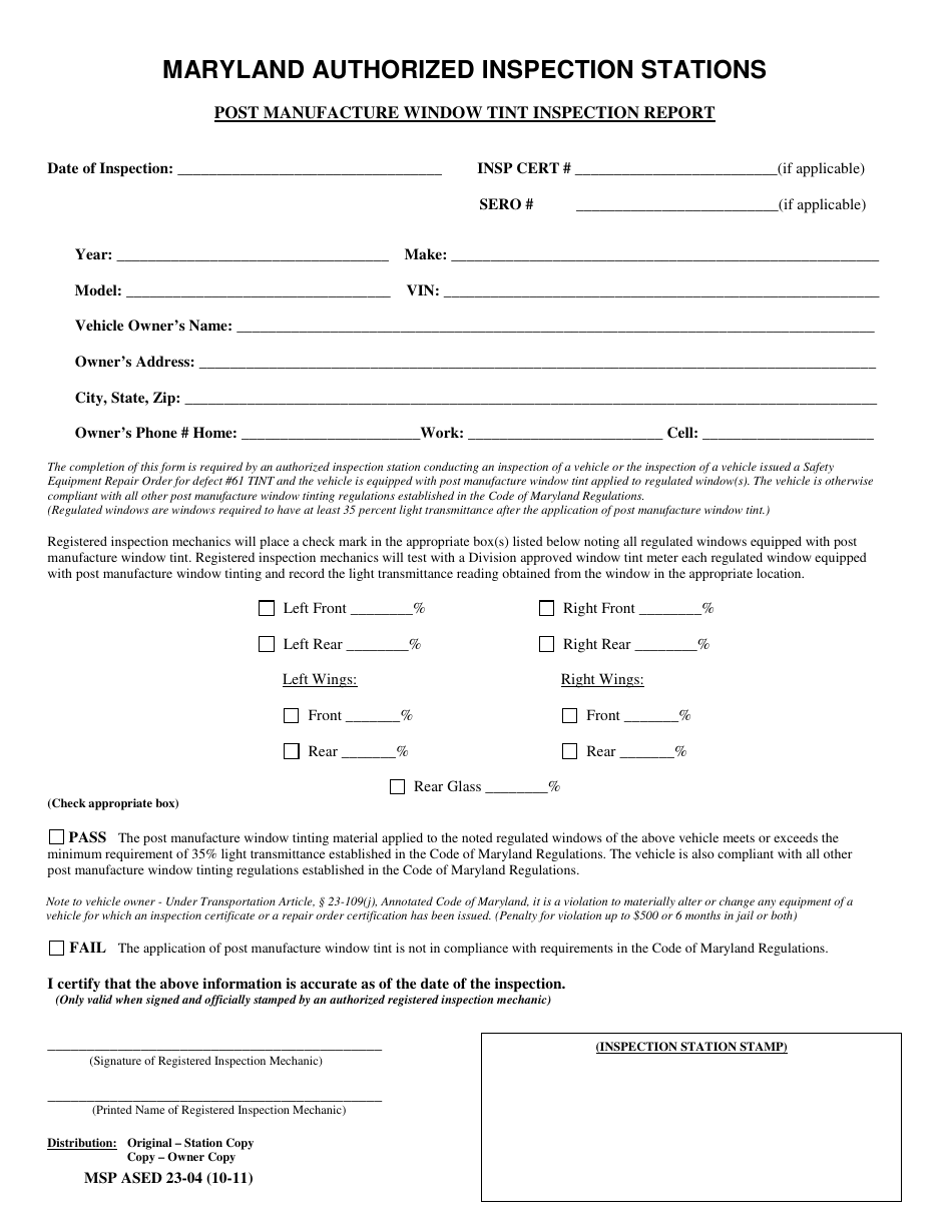Form MSP ASED23-04 Post Manufacture Window Tint Inspection Report - Maryland, Page 1