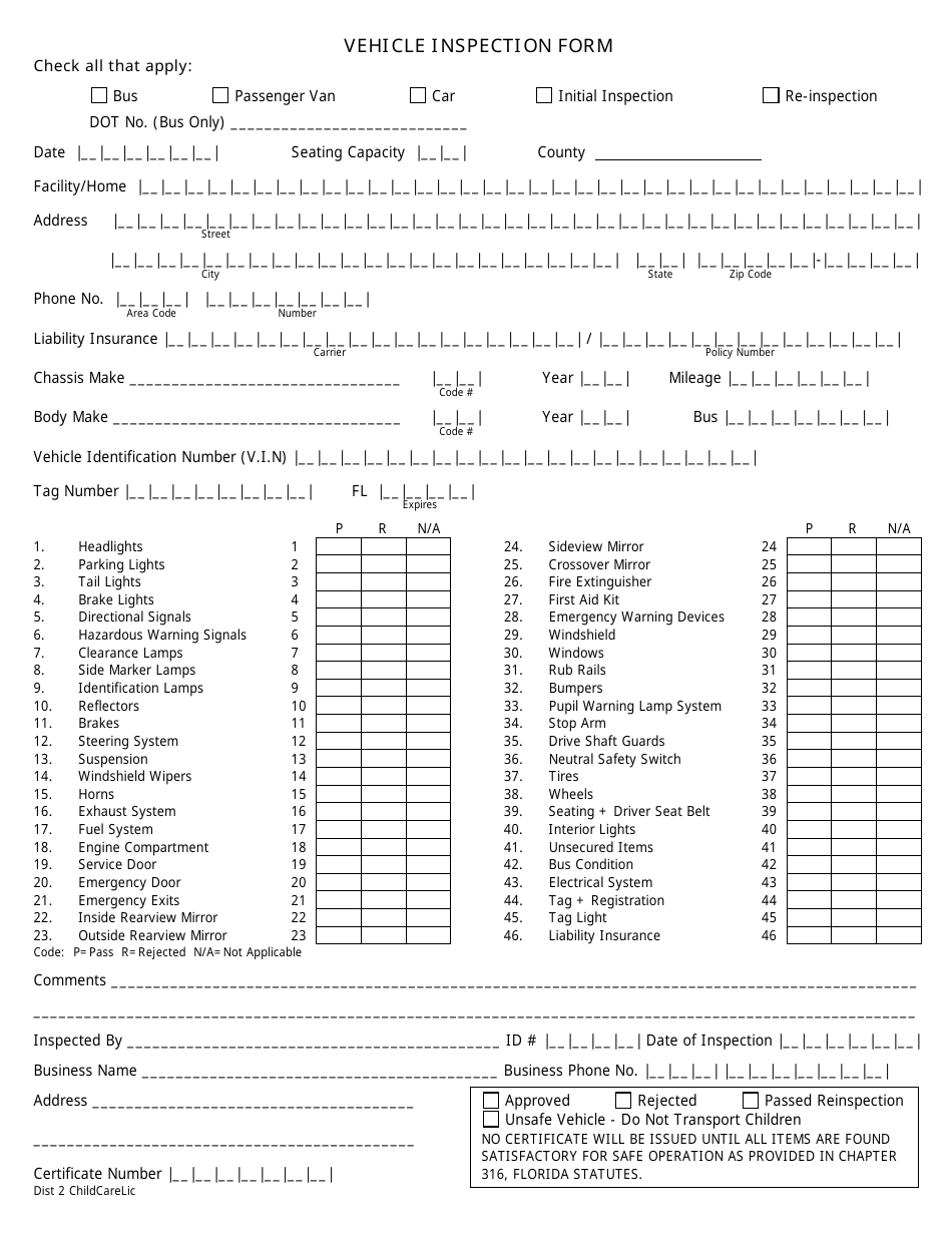 Vehicle Inspection Form - Florida, Page 1