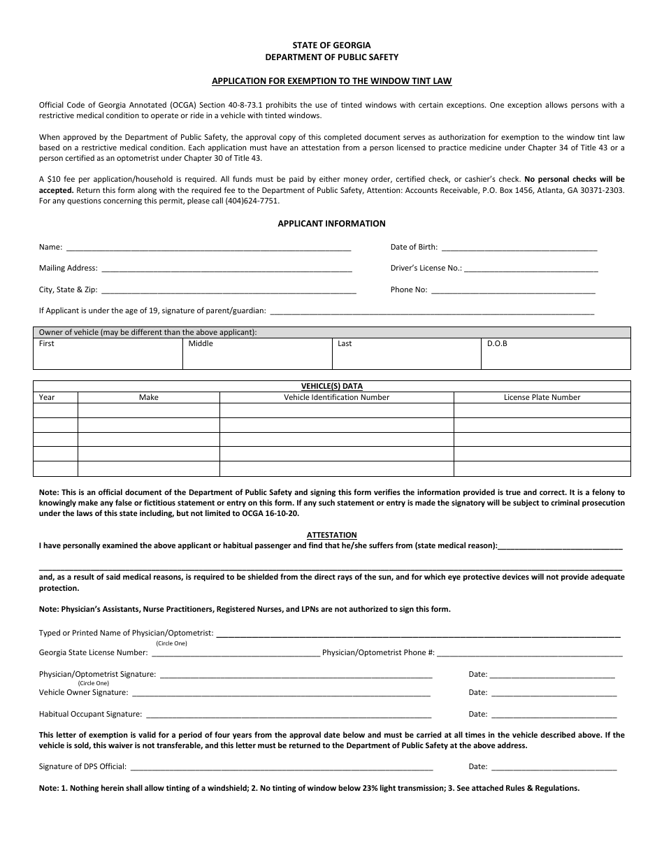 Application for Exemption to the Window Tint Law - Georgia (United States), Page 1