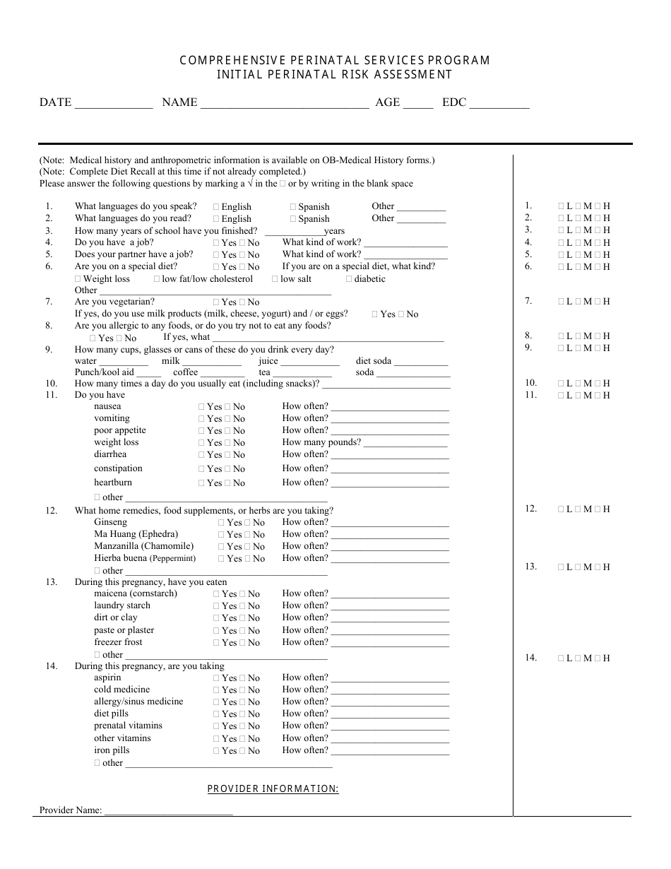 Initial Perinatal Risk Assessment Form - Comprehensive Perinatal Services Program - California, Page 1