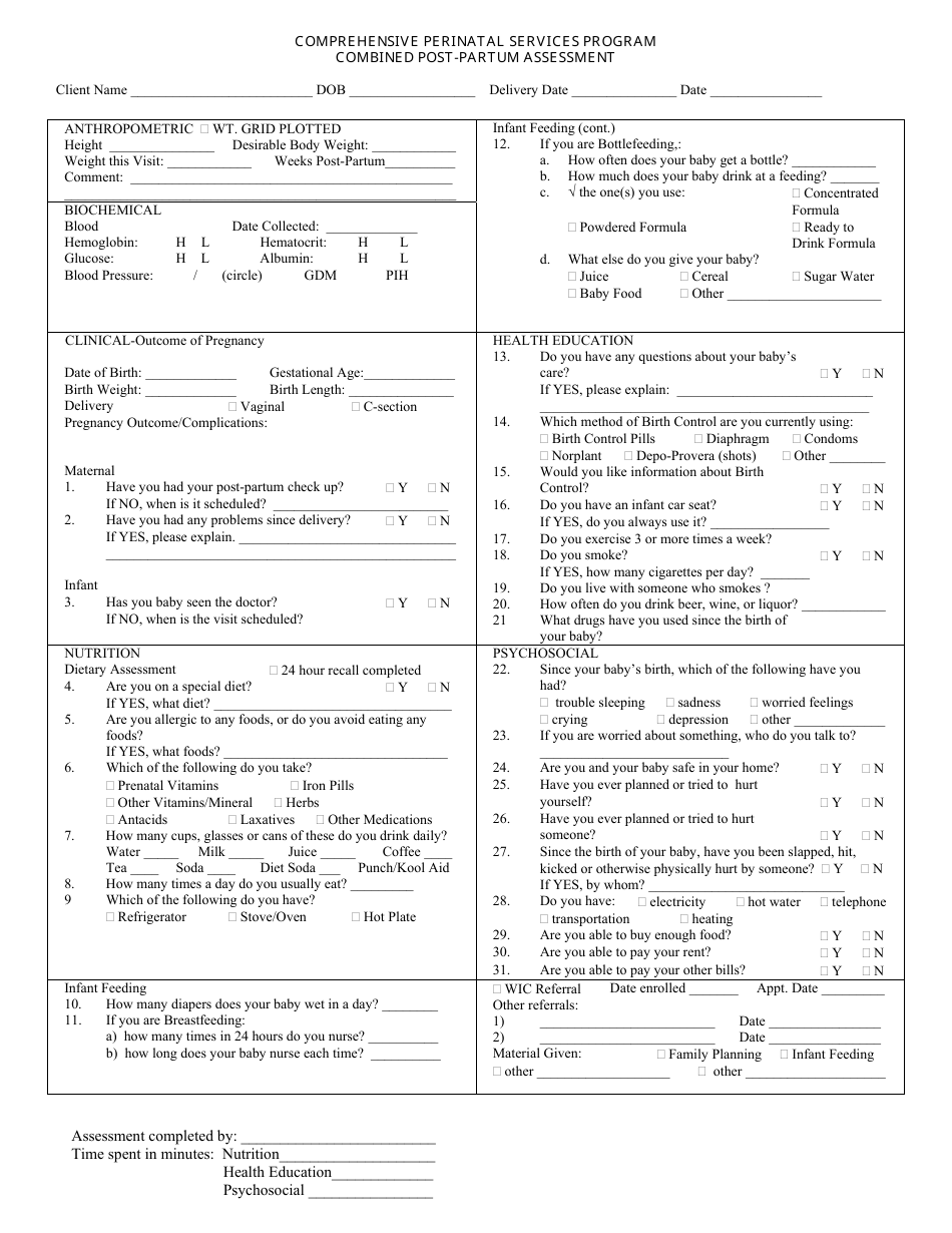 Combined Post-partum Assessment Form - Comprehensive Perinatal Services Program - San Bernardino County, California, Page 1