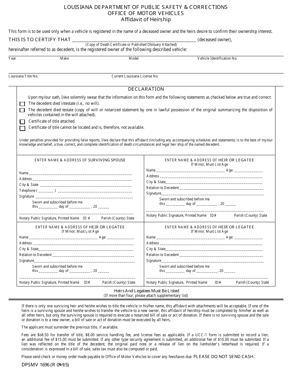Form Dpsmv1696 Download Fillable Pdf Or Fill Online Affidavit Of Heirship Louisiana Templateroller