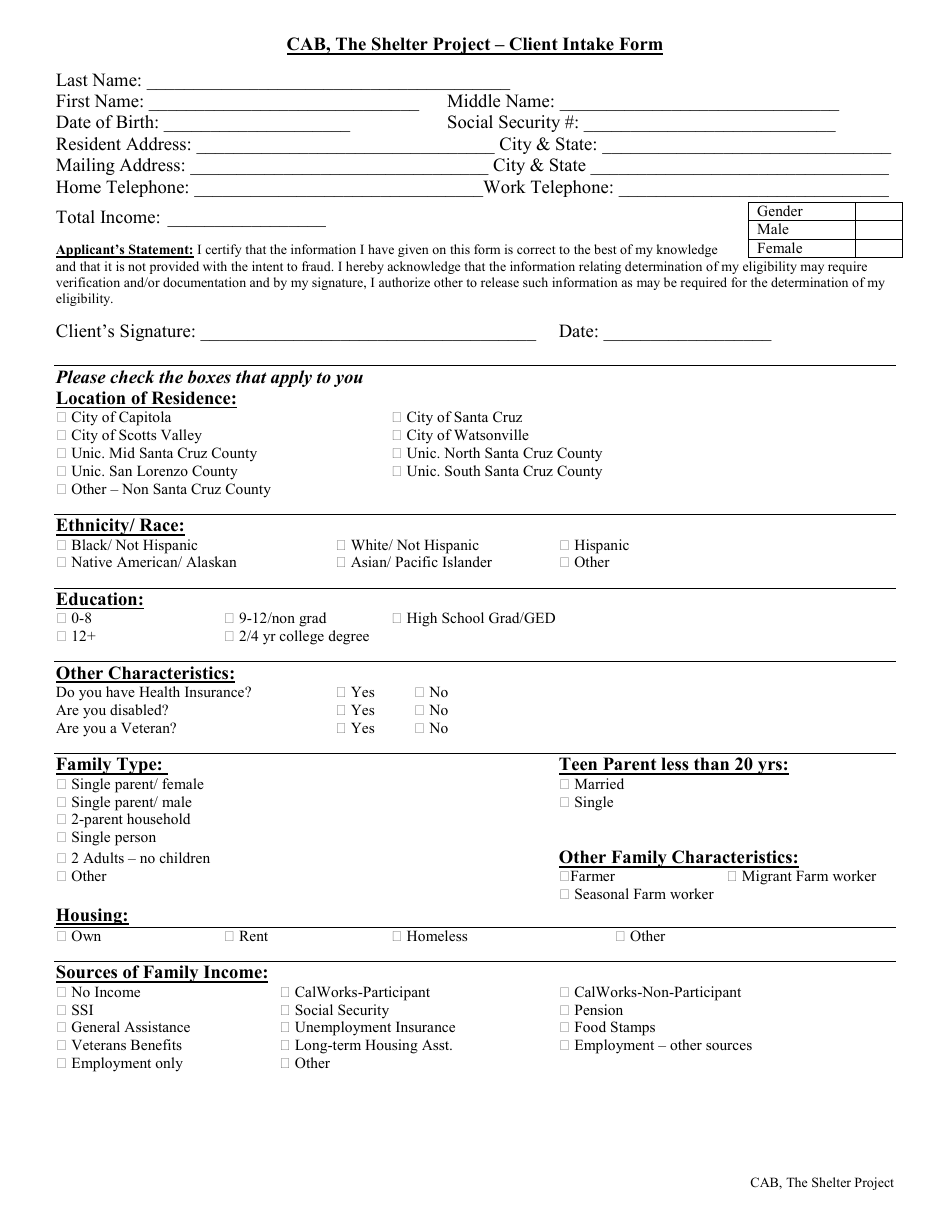 Client Intake Form - Community Action Board of Santa Cruz County, Inc. - California, Page 1