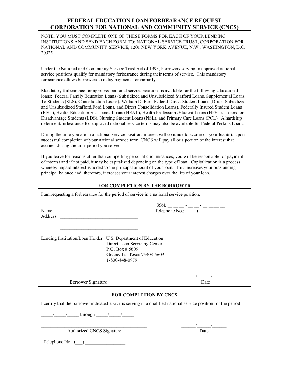 Federal Education Loan Forbearance Request Form, Page 1