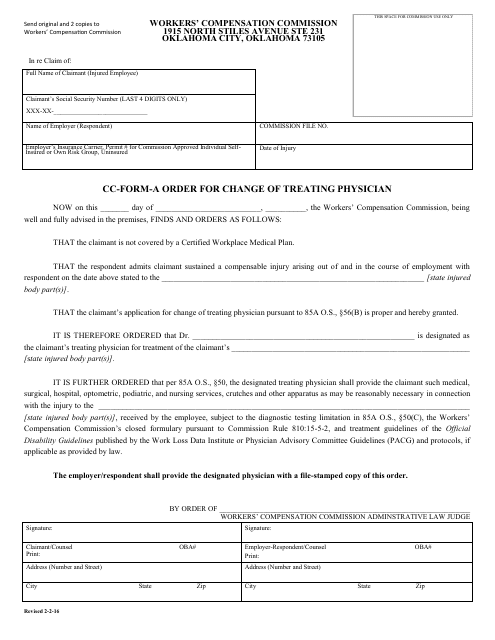 CC- Form A ORDER Order for Change of Treating Physician - Oklahoma