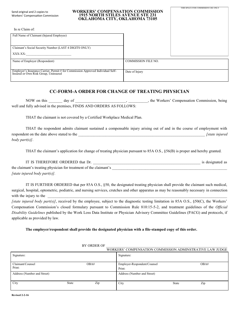 CC- Form A ORDER Order for Change of Treating Physician - Oklahoma, Page 1