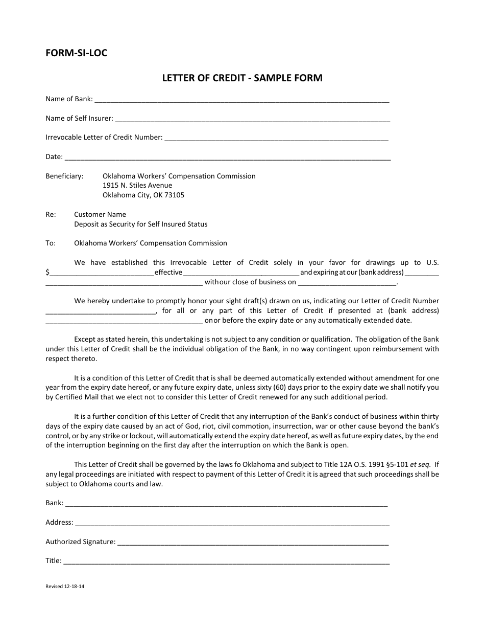 Form SI-LOC Letter of Credit - Sample Form - Oklahoma, Page 1