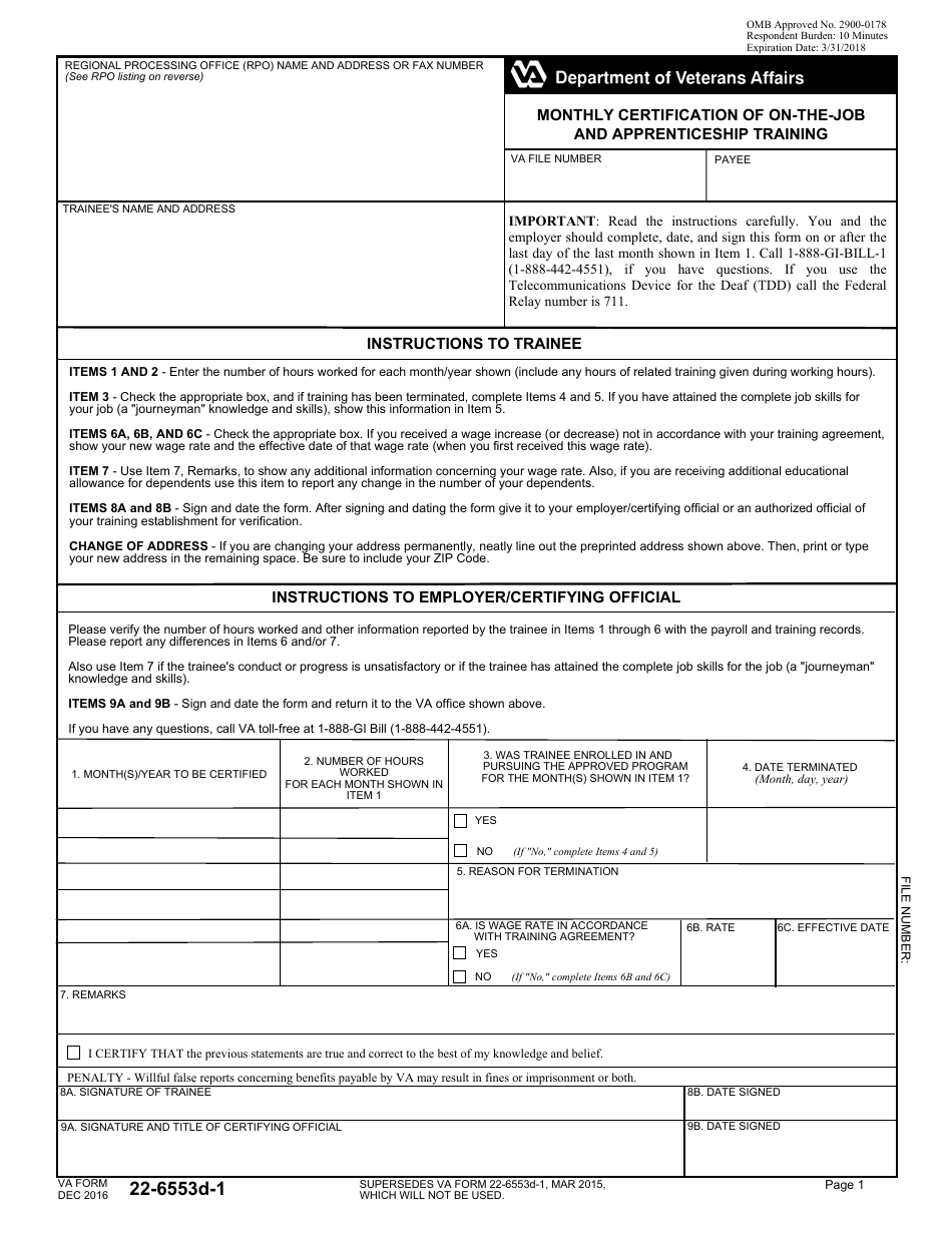 VA Form 22-6553d-1 Monthly Certification of on-The-Job and Apprenticeship Training, Page 1