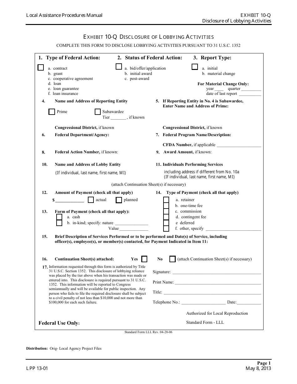 Form LPP13-01 Exhibit 10-Q Disclosure of Lobbying Activities - California, Page 1