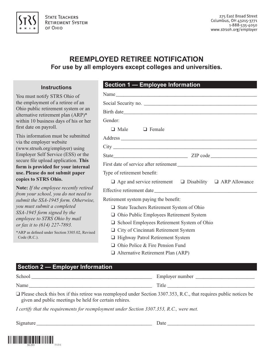 Reemployed Retiree Notification Form - State Teachers Retirement System of Ohio - Ohio, Page 1
