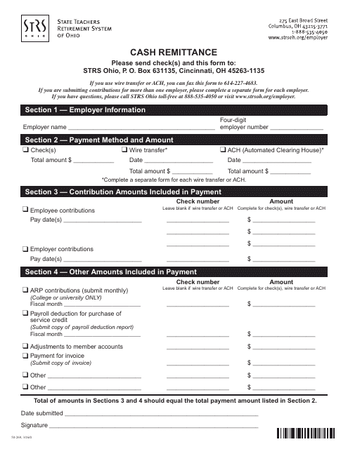 Cash Remittance Form - State Teachers Retirement System of Ohio - Ohio Download Pdf