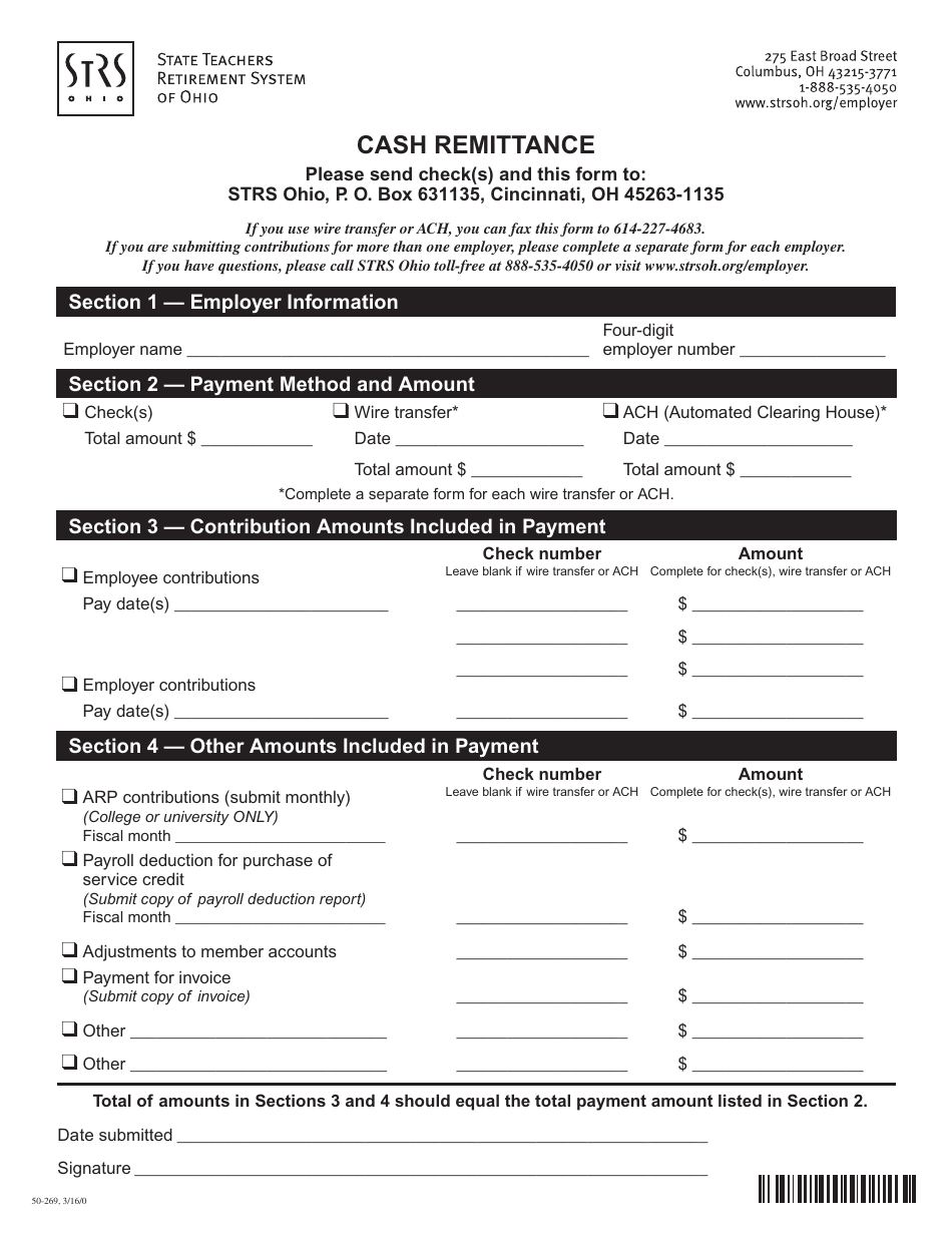 Cash Remittance Form - State Teachers Retirement System of Ohio - Ohio, Page 1