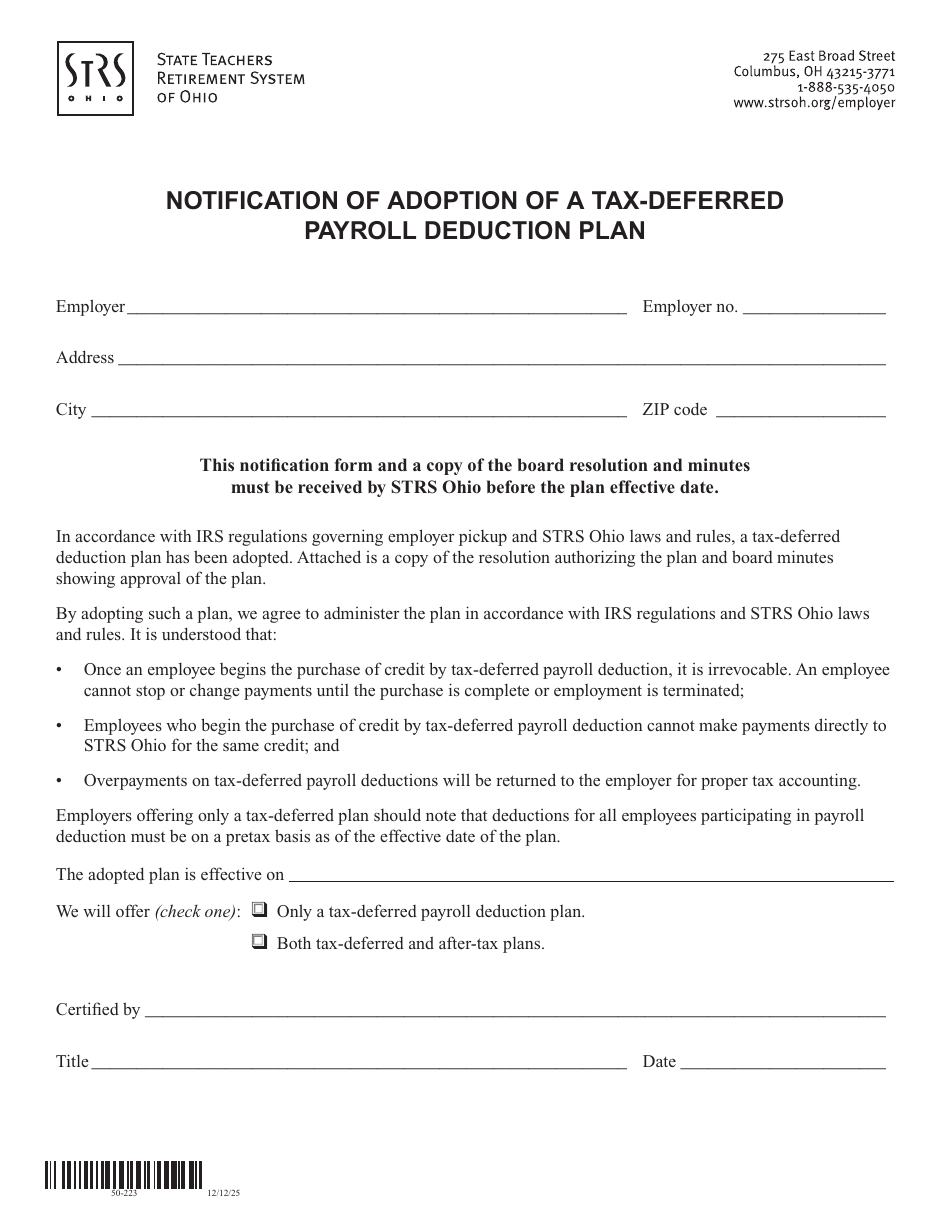 Notification of Adoption of a Tax-Deferred Payroll Deduction Plan - State Teachers Retirement System of Ohio - Ohio, Page 1
