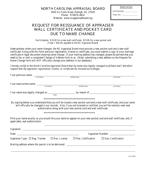 Request for Reissuance of Appraiser Wall Certificate and Pocket Card Due to Name Change - North Carolina Download Pdf