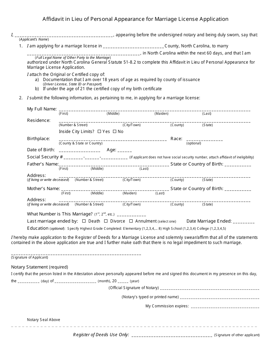 Forsyth County North Carolina Affidavit In Lieu Of Personal Appearance For Marriage License 7091