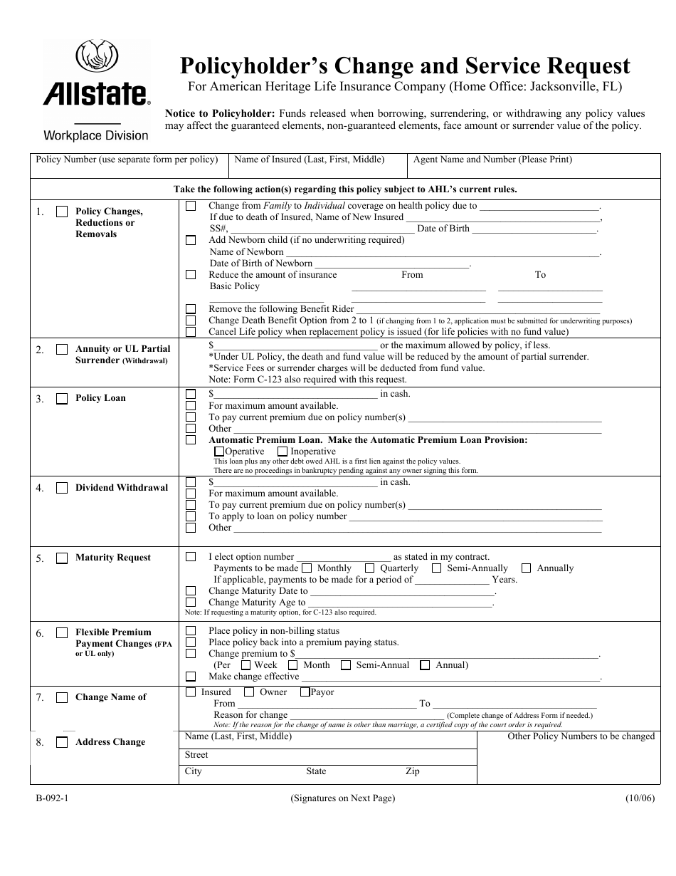 Policyholder's Change and Service Request Form Allstate Download Printable PDF Templateroller