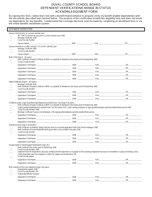 Dependent Verification/Change in Status Acknowledgement Form - Duval County School Board - Florida
