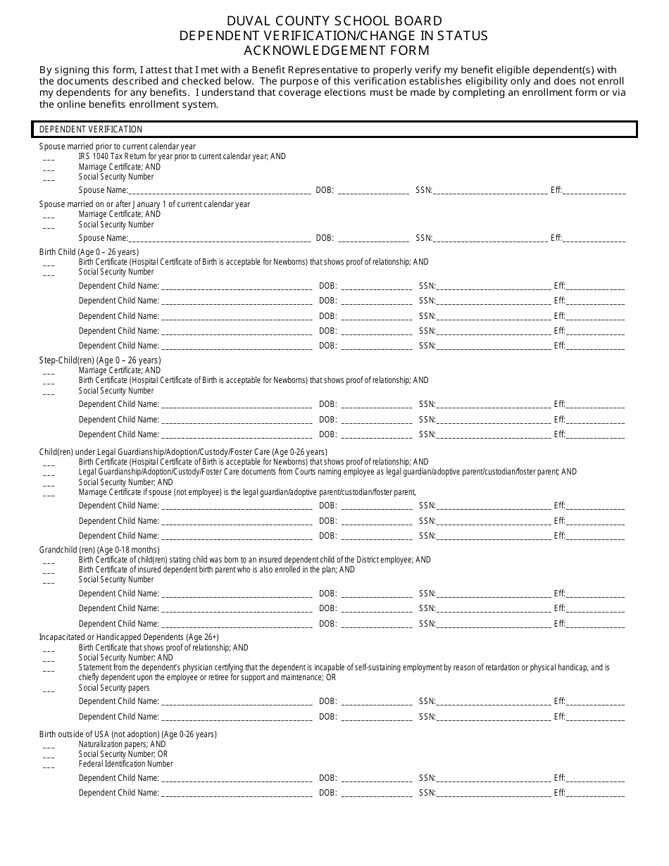 Dependent Verification / Change in Status Acknowledgement Form - Duval County School Board - Florida, Page 1