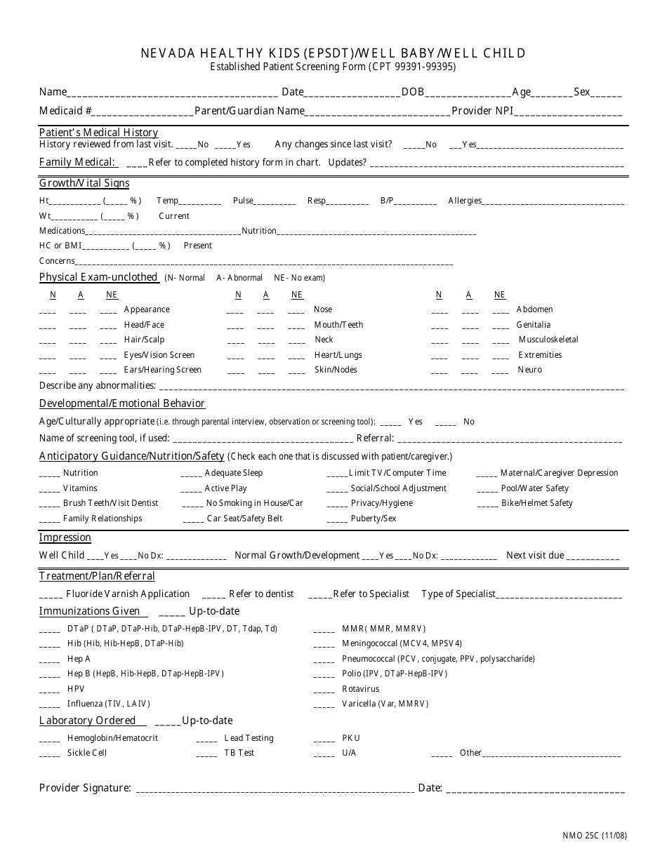 Form NMO25C Nevada Healthy Kids (Epsdt) / Well Baby / Well Child Established Patient Screening Form - Nevada, Page 1
