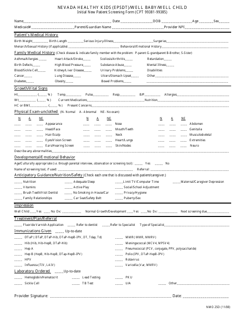Form NMO25D Nevada Healthy Kids (Epsdt)/Well Baby/ Well Child Initial New Patient Screening Form - Nevada