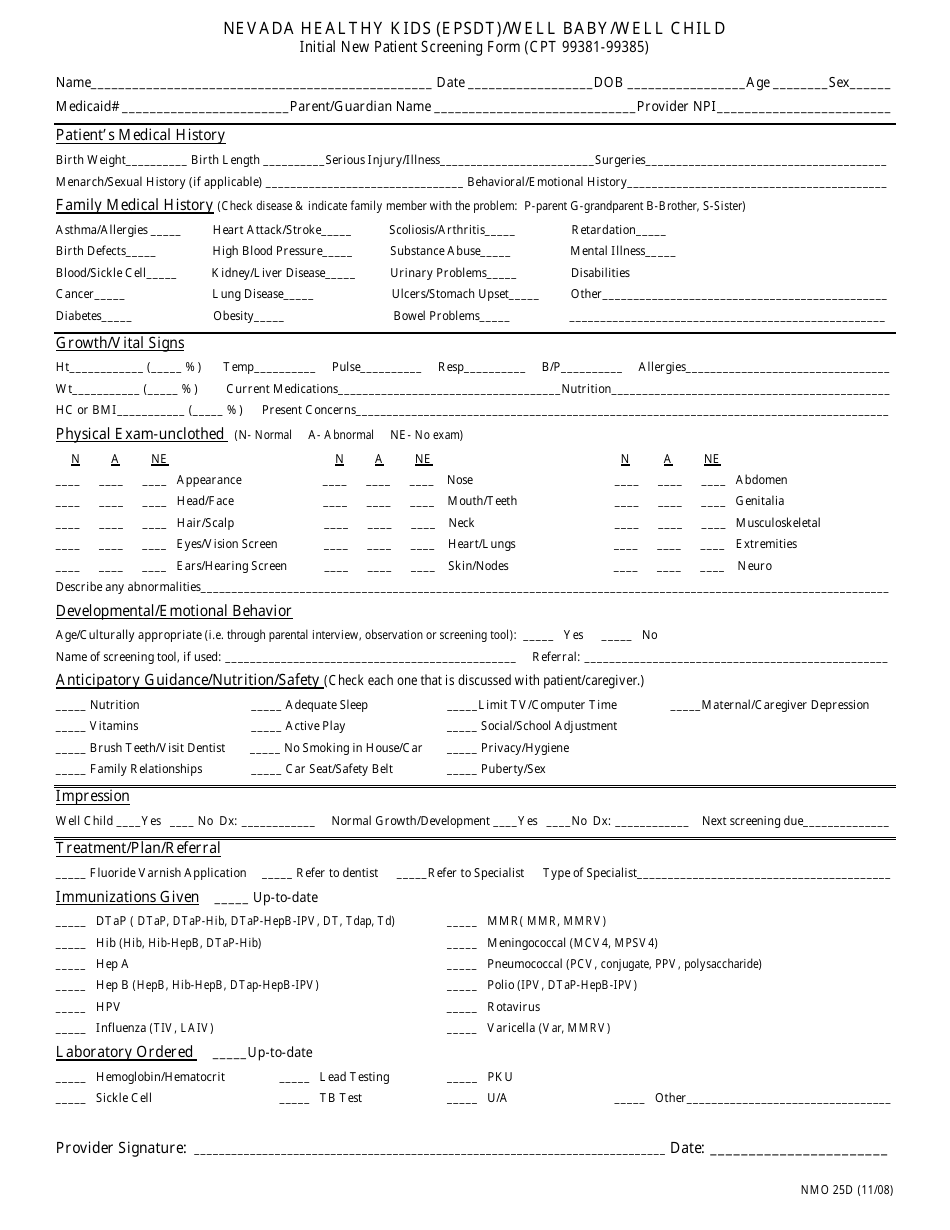Form NMO25D Nevada Healthy Kids (Epsdt) / Well Baby / Well Child Initial New Patient Screening Form - Nevada, Page 1