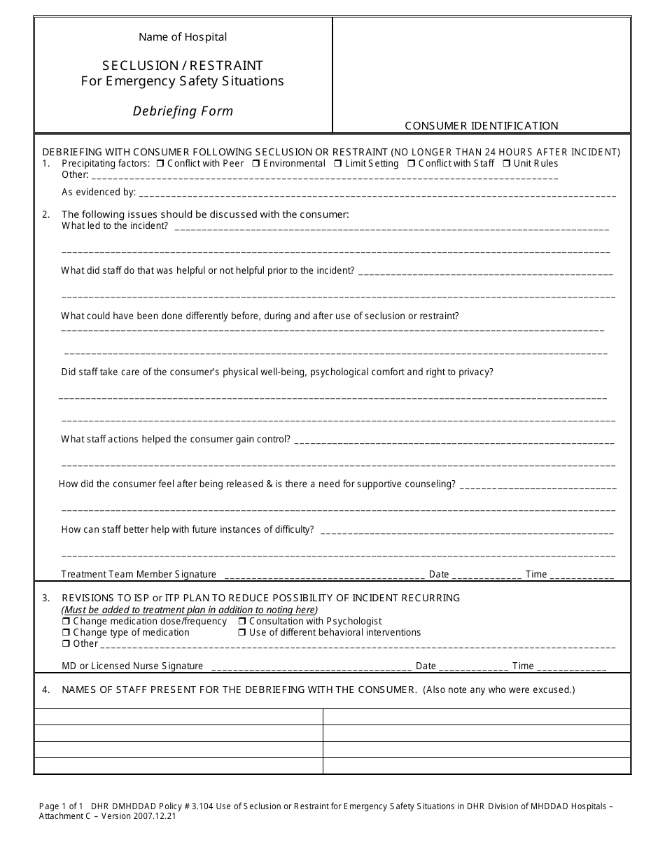 Seclusion / Restraint Debriefing Form for Emergency Safety Situations - Nasddds, Page 1