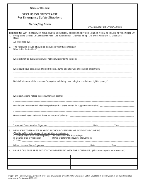 Seclusion / Restraint Debriefing Form for Emergency Safety Situations - Nasddds