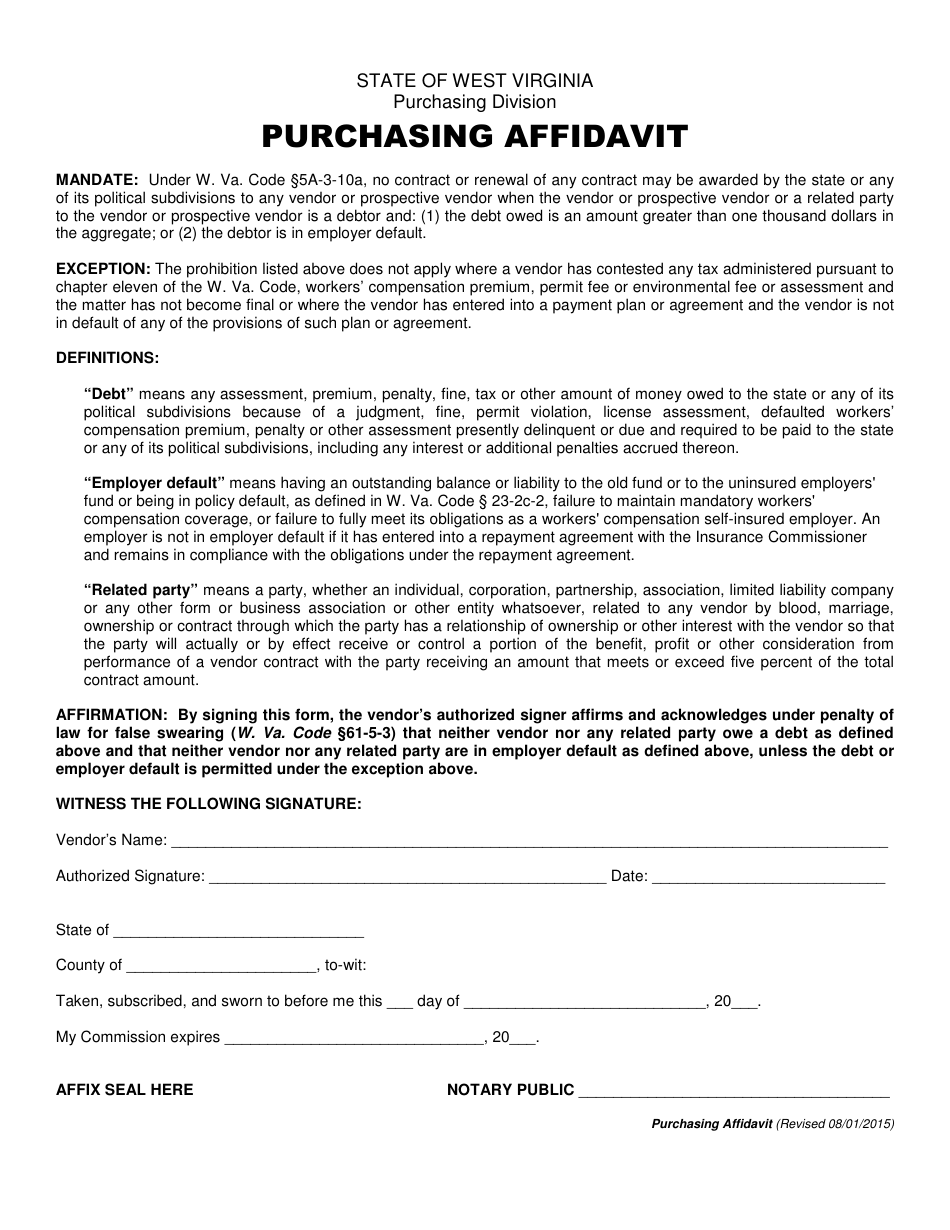 Purchasing Affidavit Form - West Virginia, Page 1
