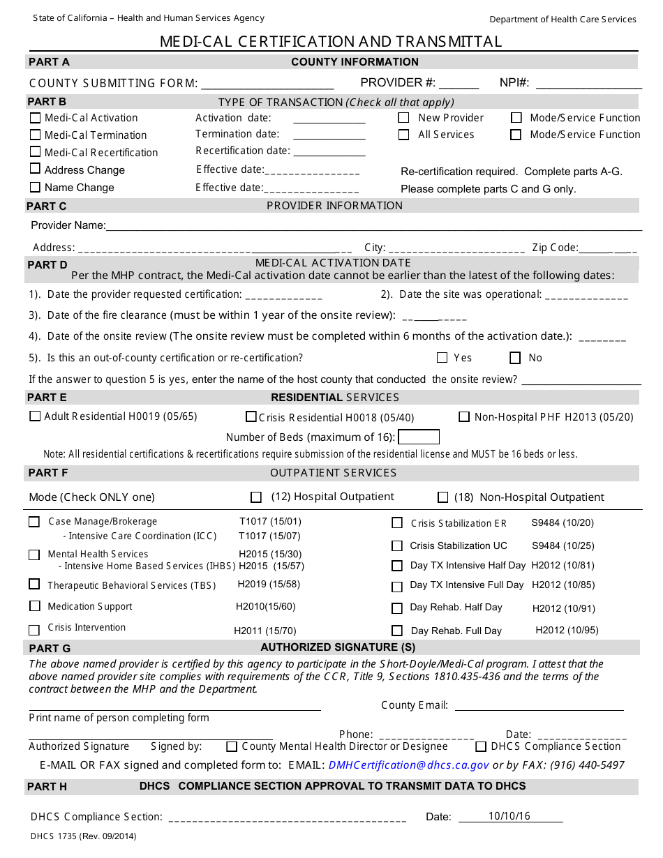 Form DHCS1735 Medi-Cal Certification and Transmittal - California, Page 1