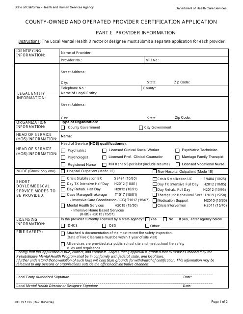 Form DHCS1736 County-Owned and Operated Certification Application - California