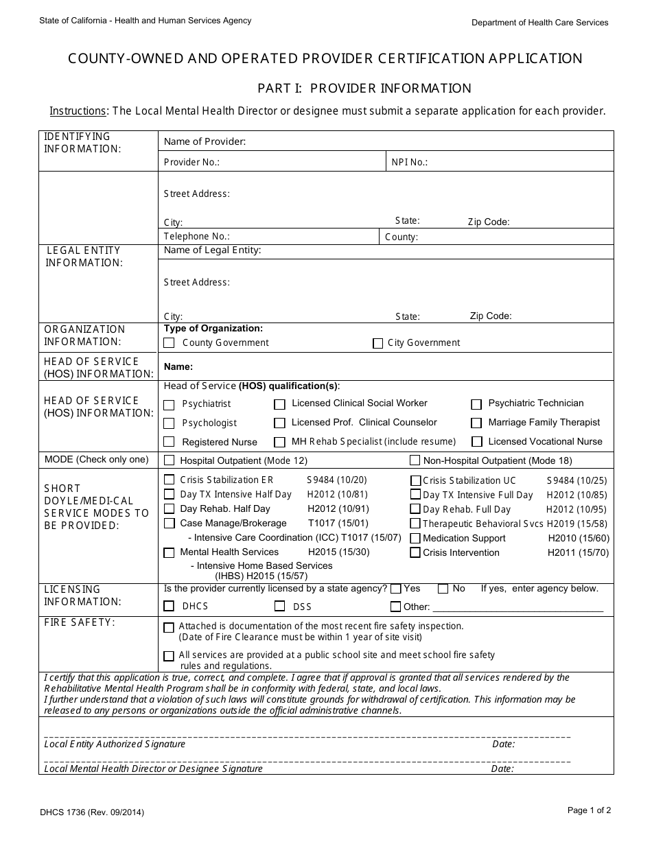 Form DHCS1736 County-Owned and Operated Certification Application - California, Page 1