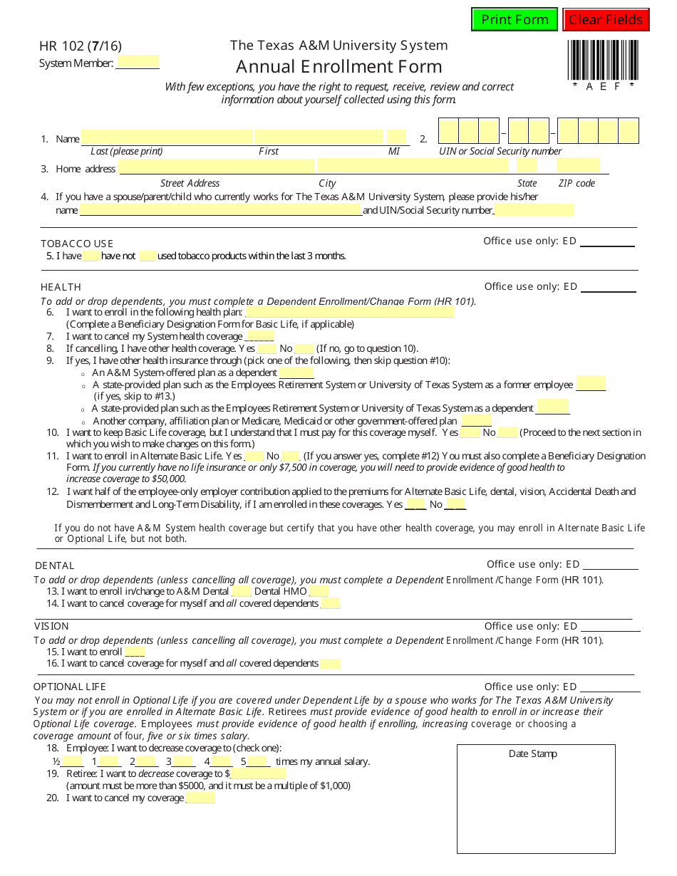 Form HR102 Annual Enrollment Form - the Texas am University System - Texas, Page 1